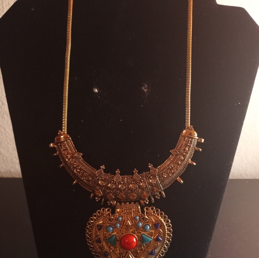 EXQUISITE Antique Tibetan Ghau Pendant Crescent Necklace.